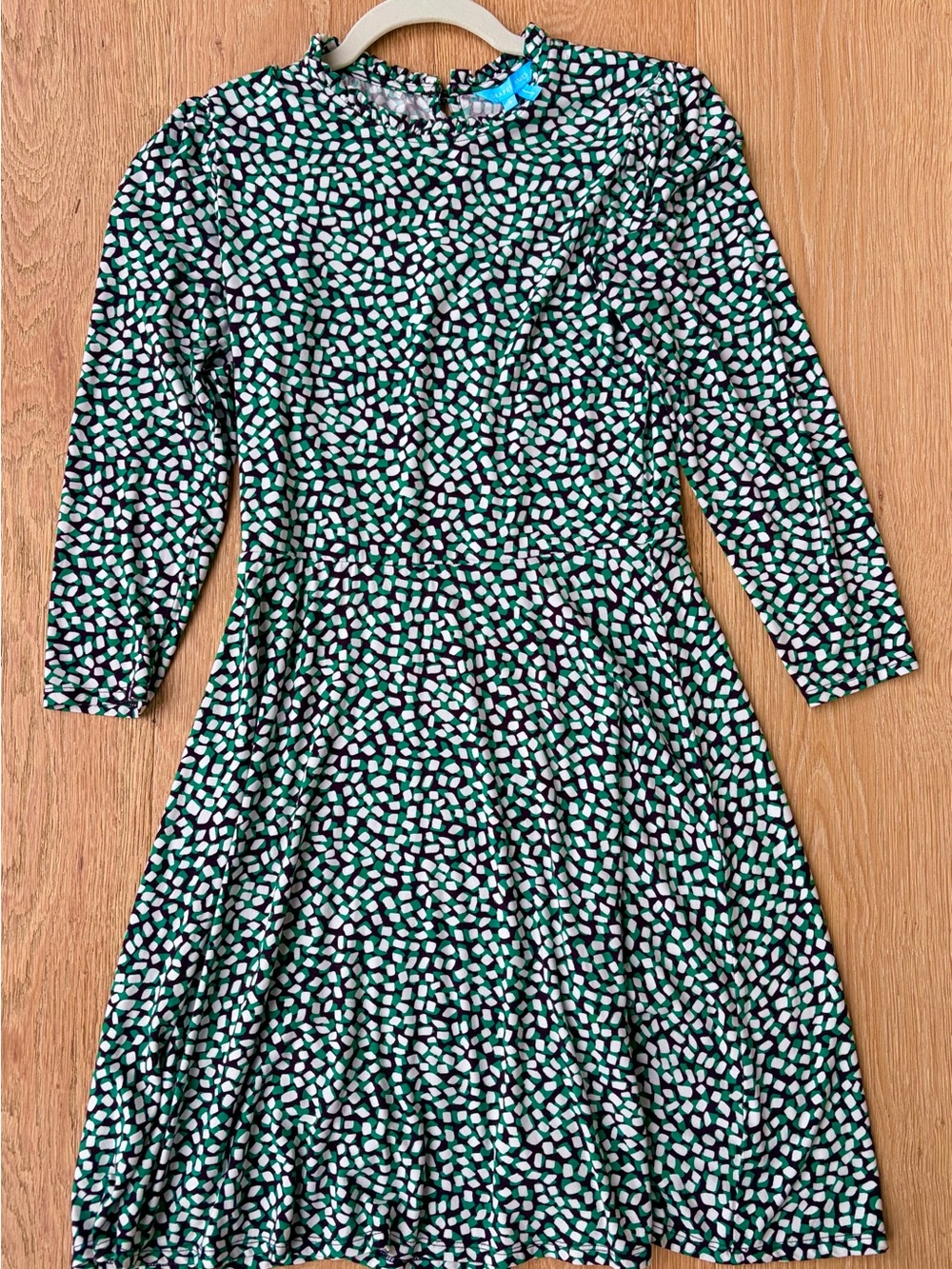 Draper James Green & Black Print Fit and Flare Dress, Ruffle Neck, Small